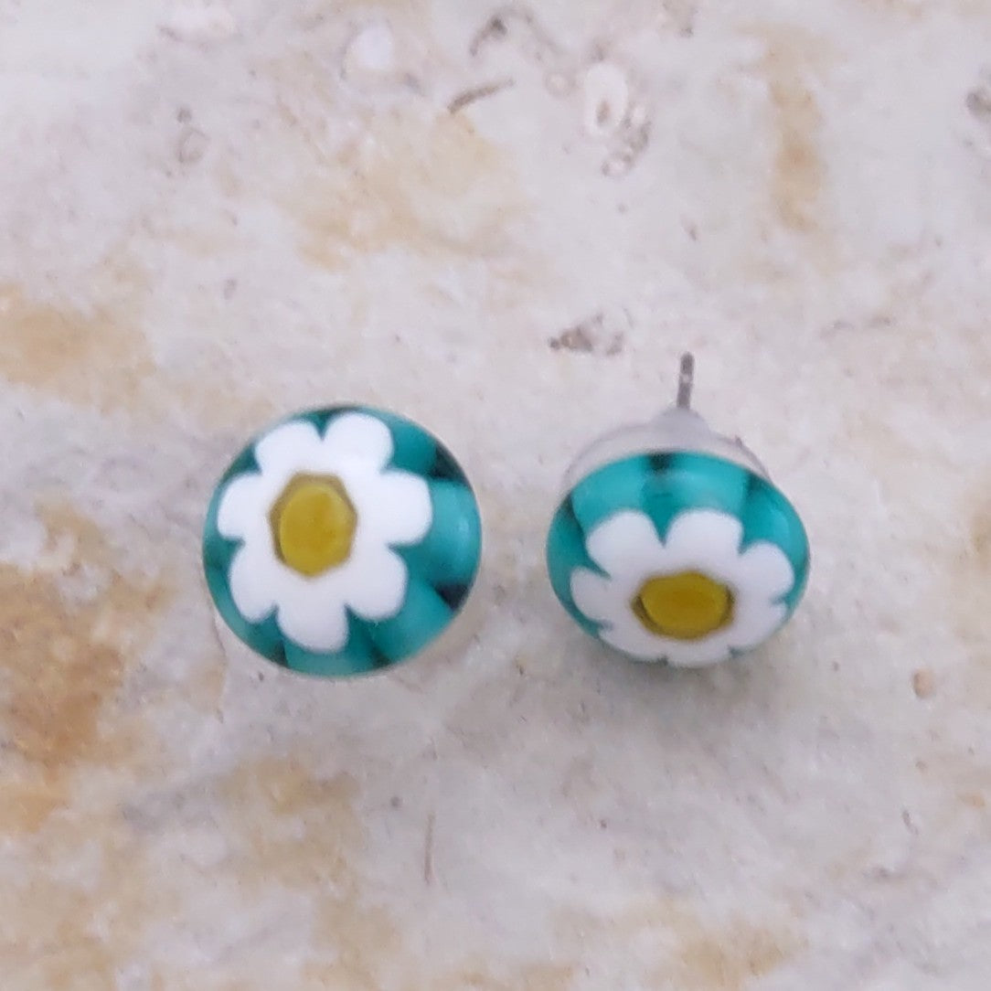 Fused Glass Blue with White Murrini - Millefiori Daisy Post Earrings