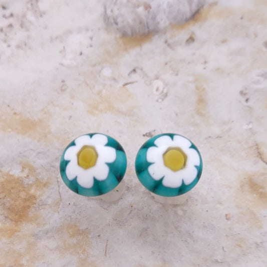 Fused Glass Blue with White Murrini - Millefiori Daisy Post Earrings