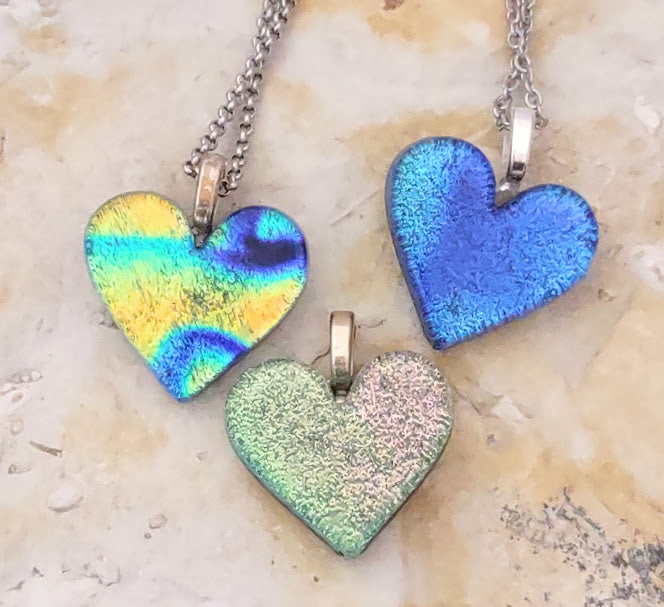 Heart Shaped Fused Glass Dichroic Pendant with Chain Wholesale