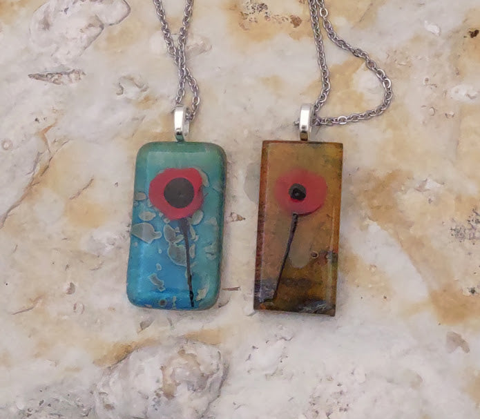 Fused Glass Poppy Pendant with Blue or Brown Background Wholesale
