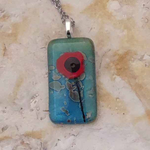 Fused Glass Poppy Pendant with Blue or Brown Background Wholesale