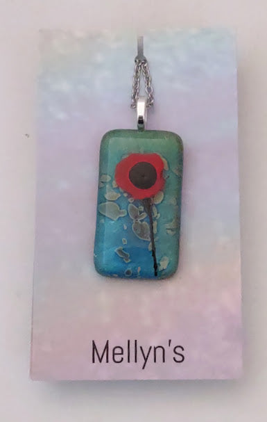 Fused Glass Poppy Pendant with Blue or Brown Background Wholesale