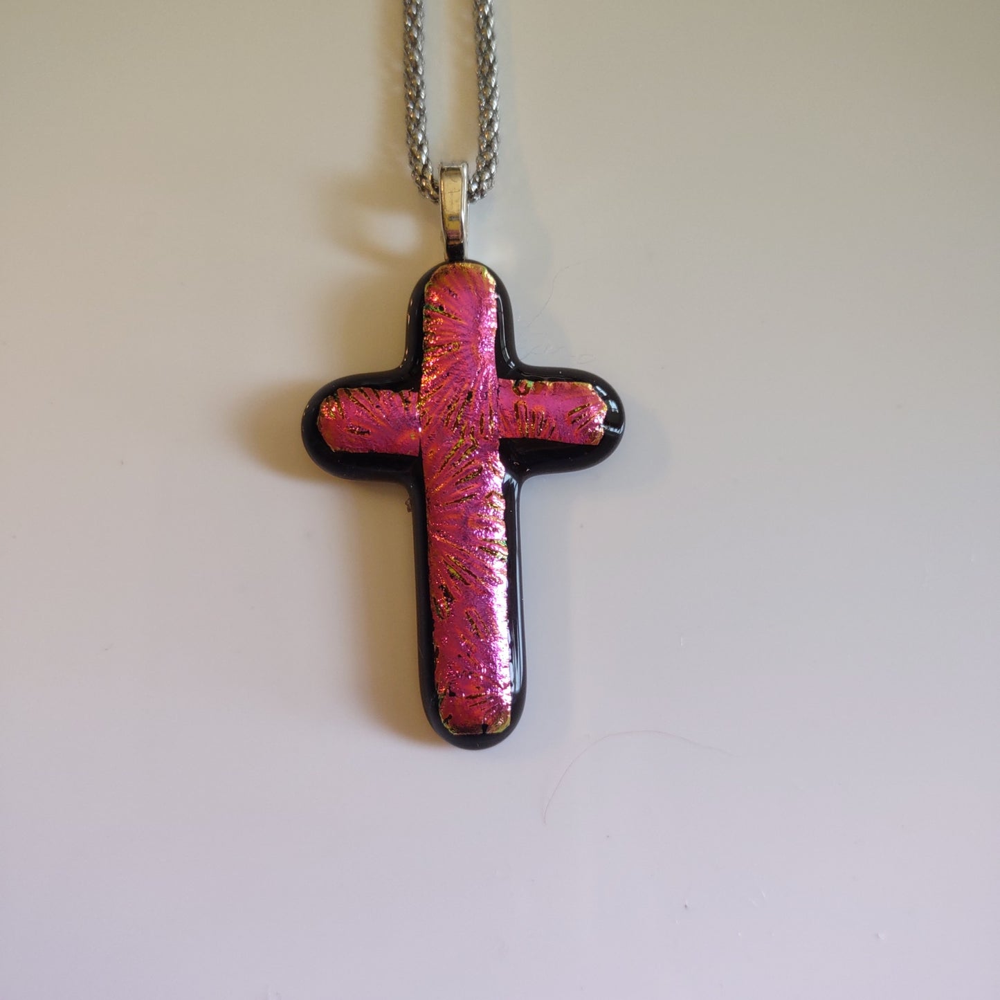 Pink Dichroic Fused Glass Cross Pendant with Stainless Steel Chain