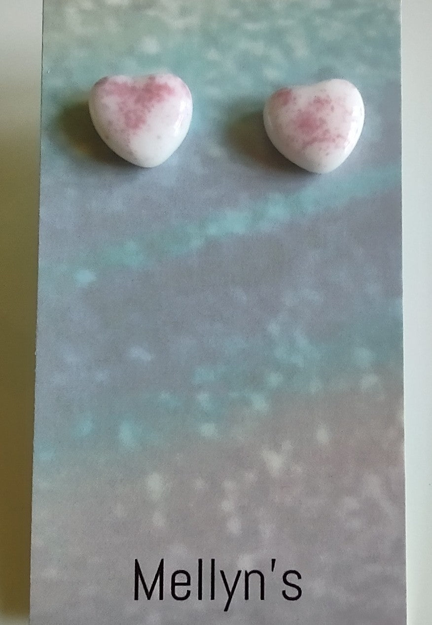 White with Pink Valentine Fused Glass Heart Earring Posts
