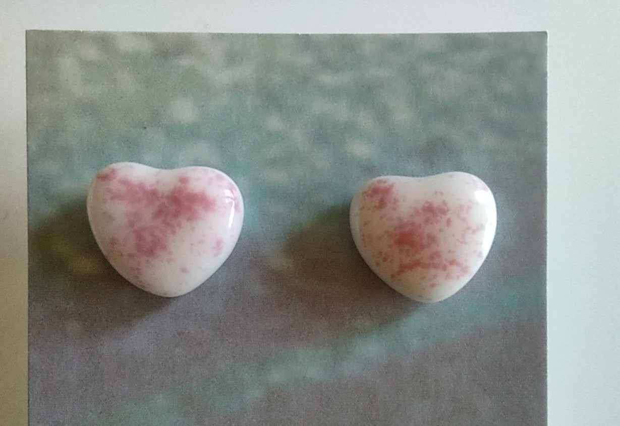White with Pink Valentine Fused Glass Heart Earring Posts