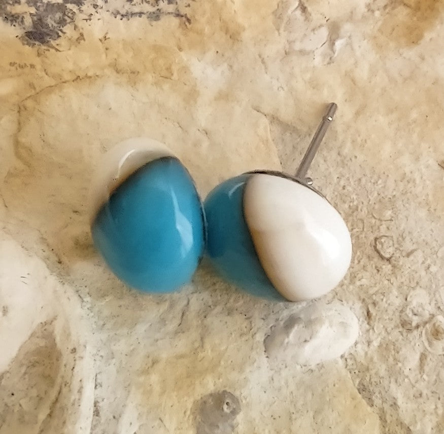 Reactive Turquoise and Cream Fused Glass Post Earrings
