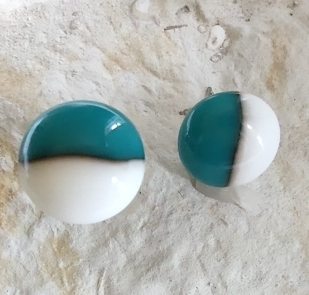 Reactive Turquoise Green and Cream Fused Glass Earrings