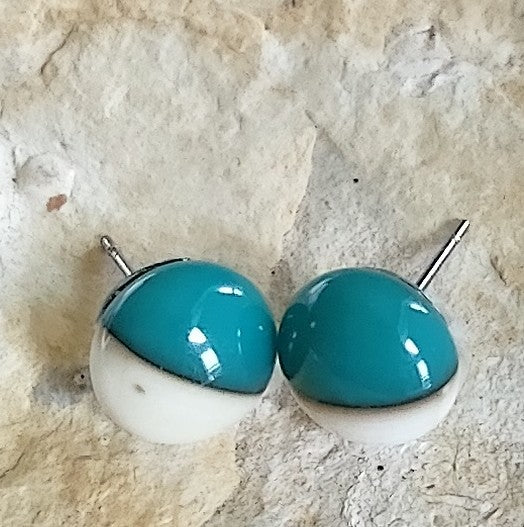 Peacock Green and Cream Fused Glass Earrings