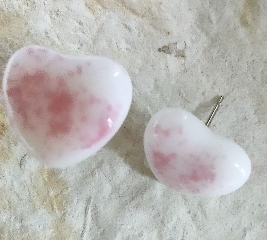 White with Pink Valentine Fused Glass Heart Earring Posts