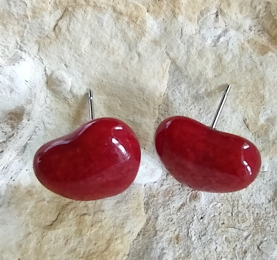 Valentine Red Fused Glass Heart Earring Posts