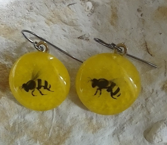 Fused Glass Bee Dangle Earrings