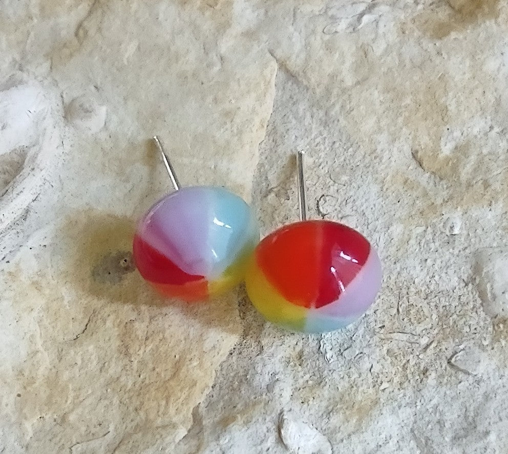 Rainbow Colors Pinwheel Fused Glass Earring Posts