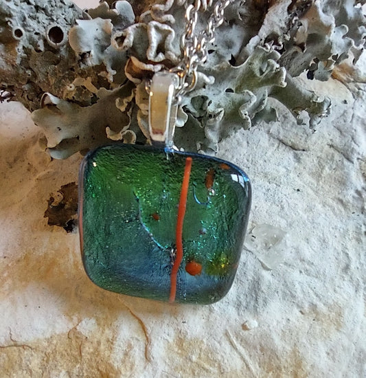 Green Dichroic Square Pendant with Chain