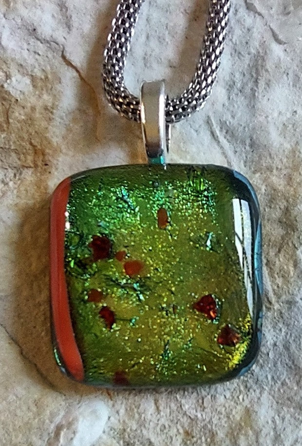 Green and Red Dichroic Square Pendant with Mesh Chain