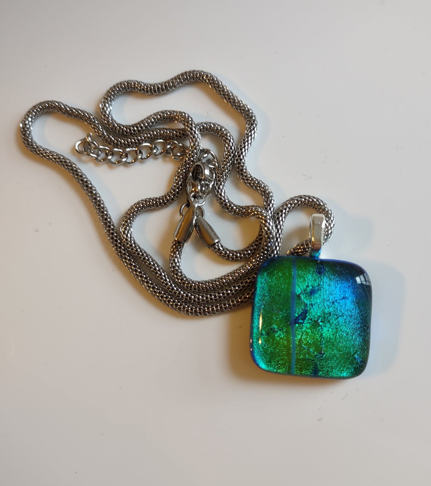 Green/Blue Dichroic Square Pendant with Mesh Chain