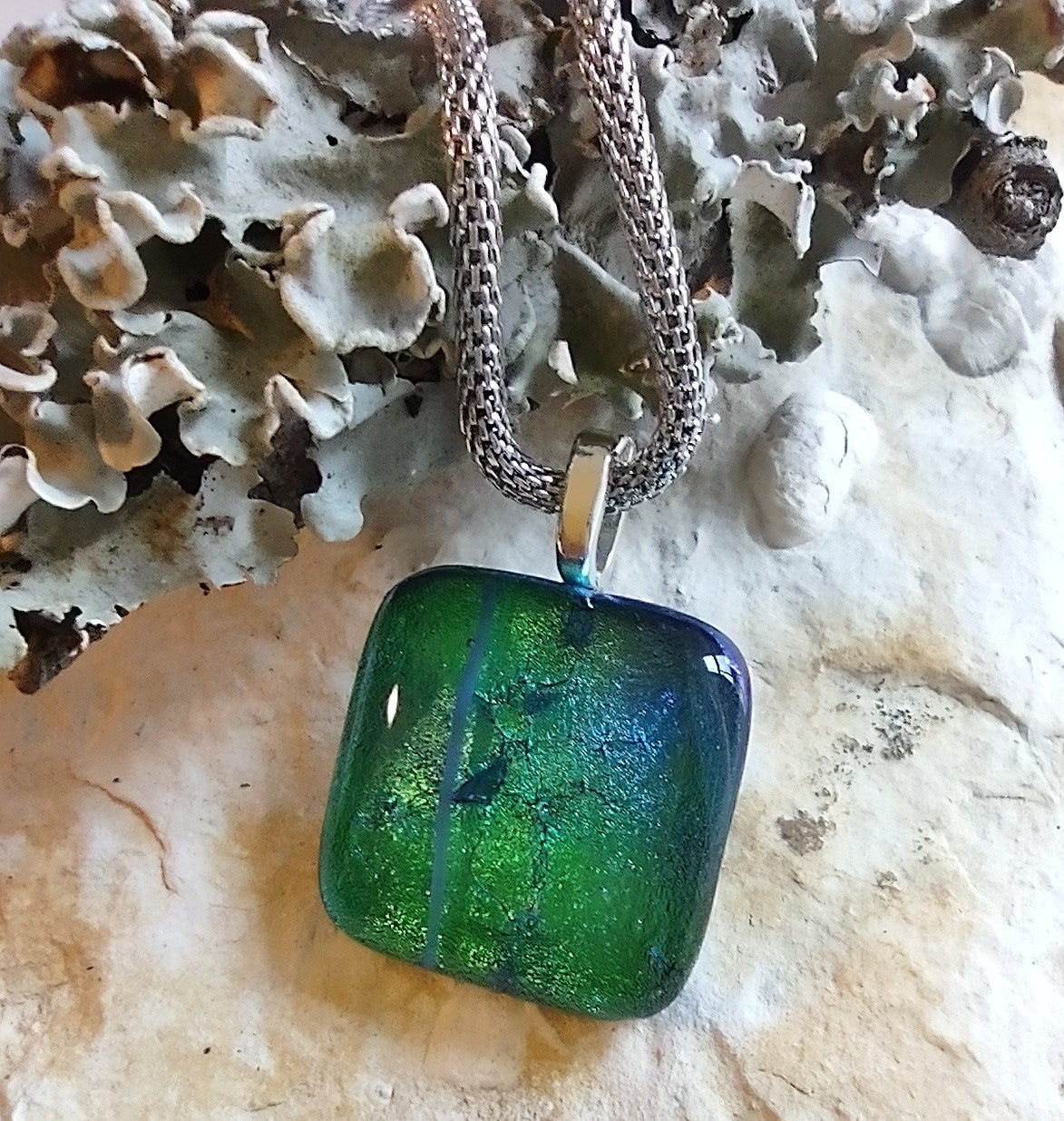 Green/Blue Dichroic Square Pendant with Mesh Chain