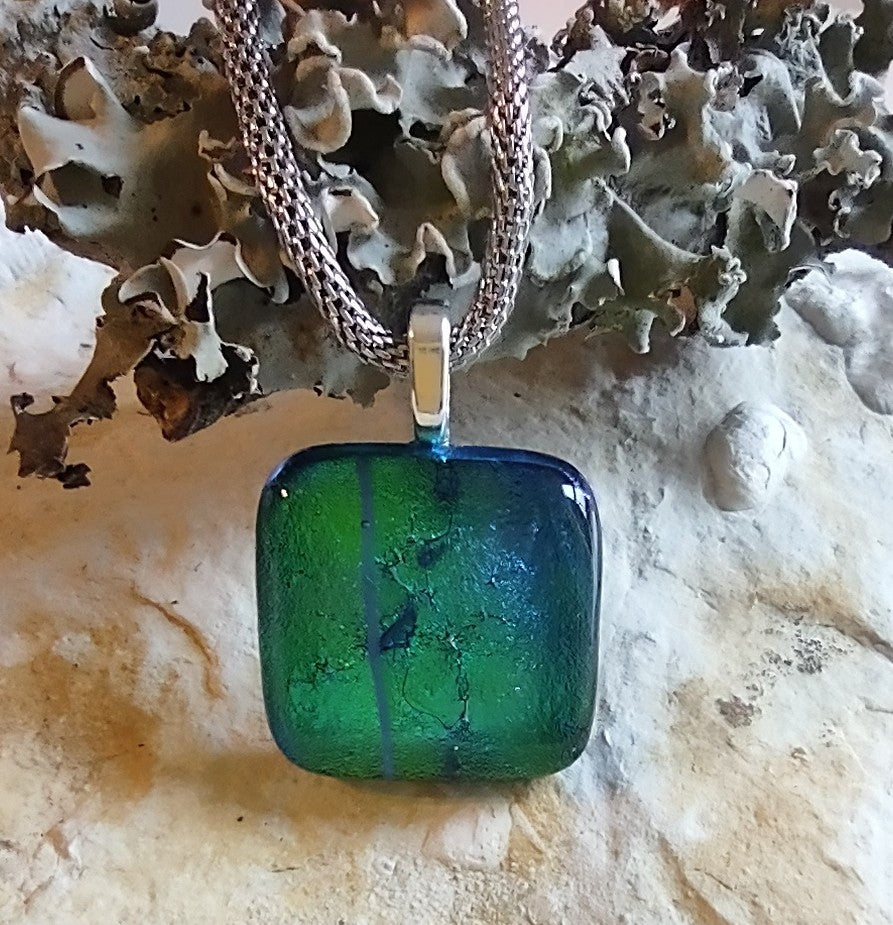 Green/Blue Dichroic Square Pendant with Mesh Chain