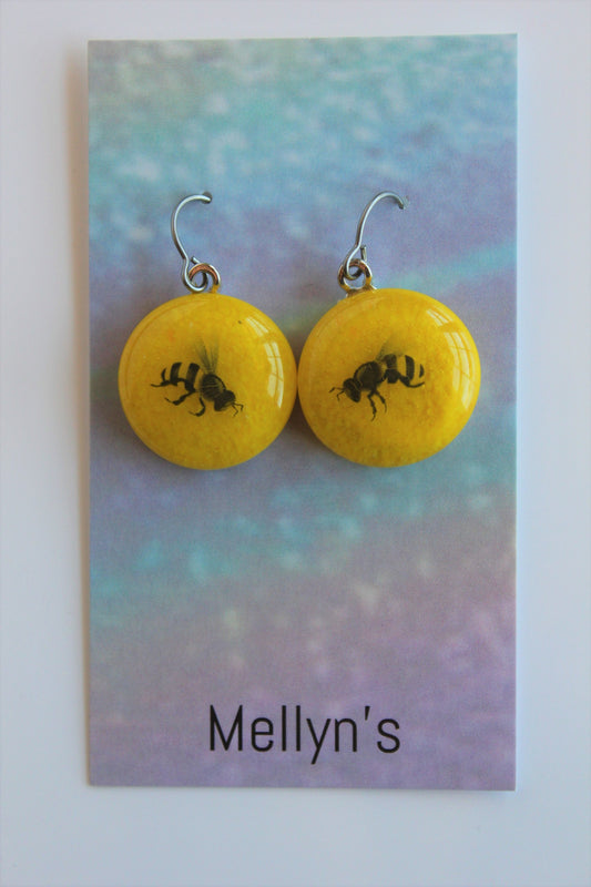 Fused Glass Round Bee Dangle Earrings