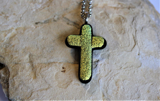 Sparkly Yellow Dichroic Glass Cross Pendant with Chain