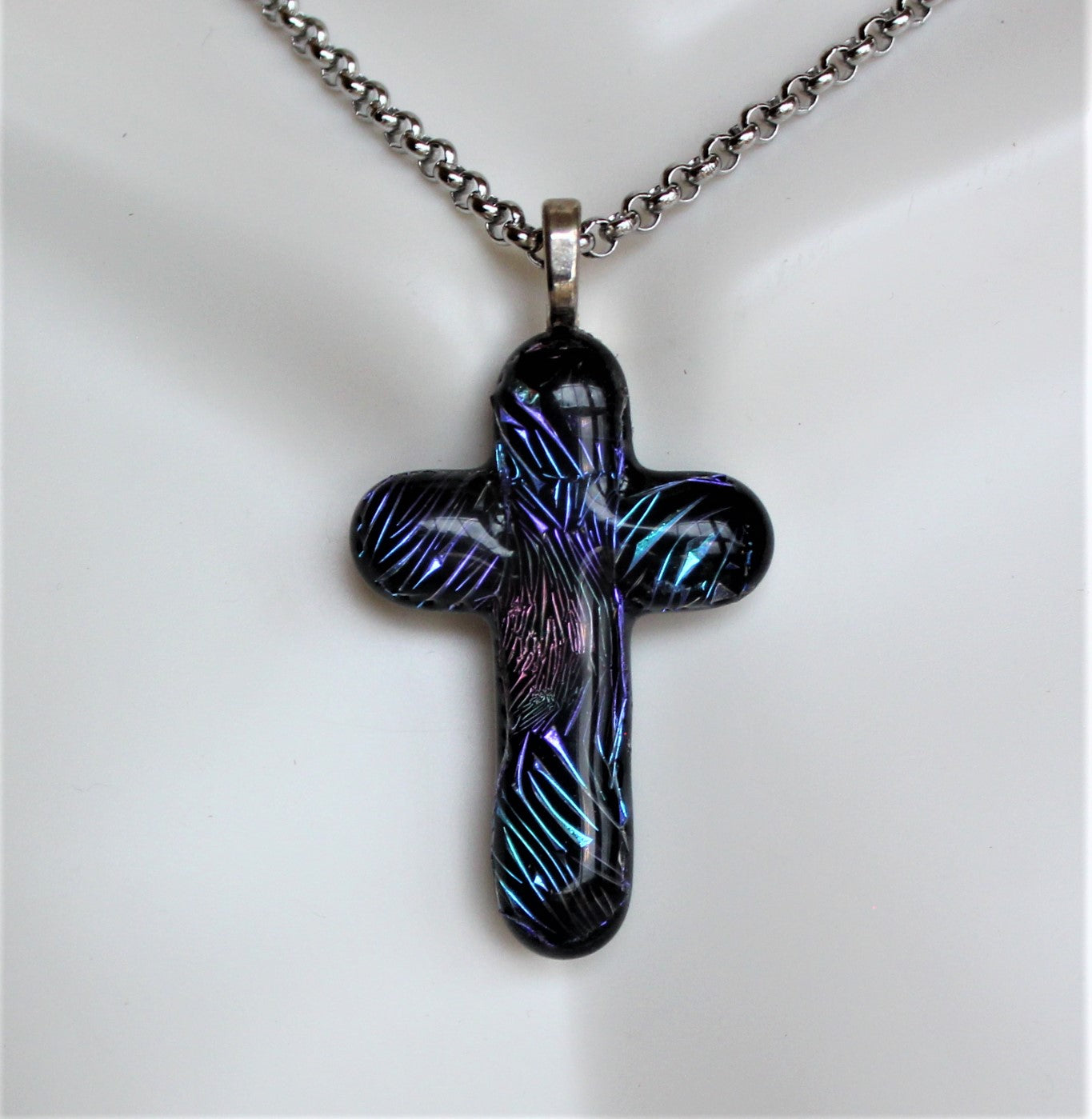 Dichroic Glass Cross Pendant with Chain