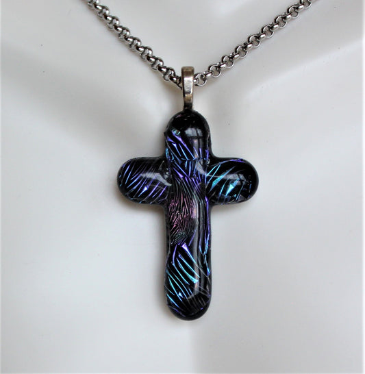 Dichroic Glass Cross Pendant with Chain