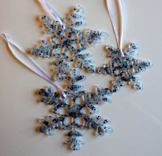 Set of 3 Fused Glass Snowflake Christmas Tree Ornaments