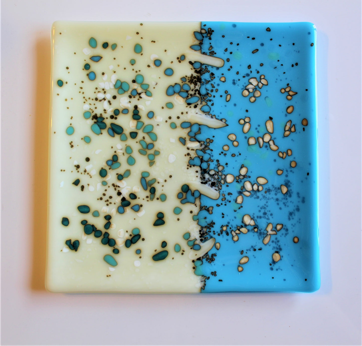 Turquoise and Cream Decorative Plate, Fused Glass Platter, Reactive Glass Plate, Hostess Gift, Square Glass Plate