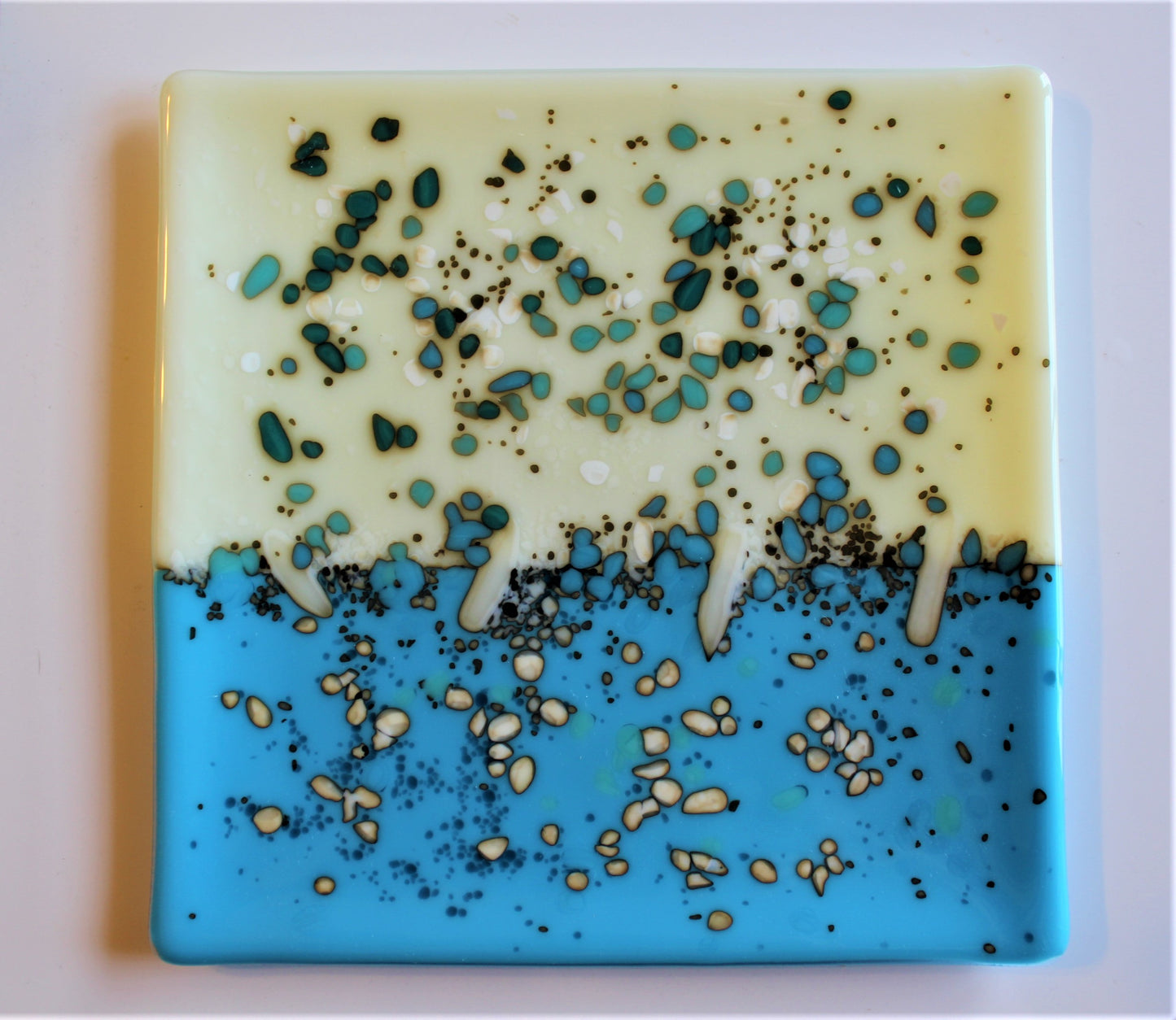Turquoise and Cream Decorative Plate, Fused Glass Platter, Reactive Glass Plate, Hostess Gift, Square Glass Plate