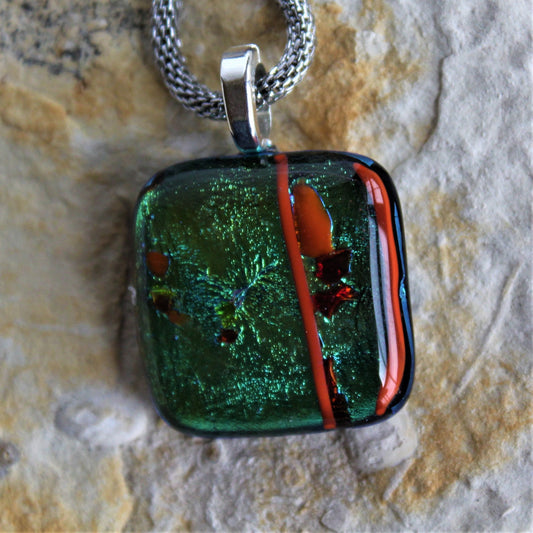 Green Dichroic Square Pendant with Mesh Chain