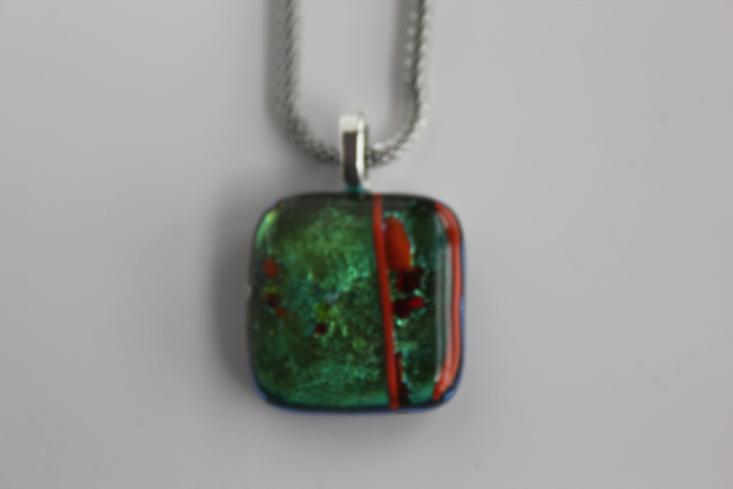 Green Dichroic Square Pendant with Mesh Chain