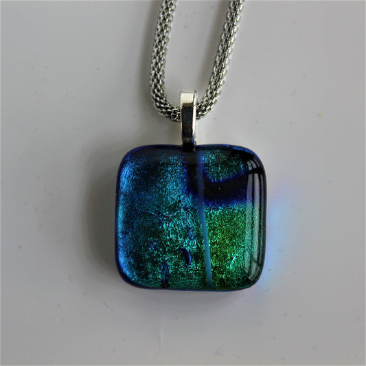 Blue with Green Dichroic Square Pendant with Mesh Chain