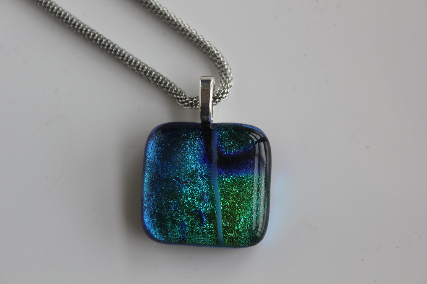 Blue with Green Dichroic Square Pendant with Mesh Chain