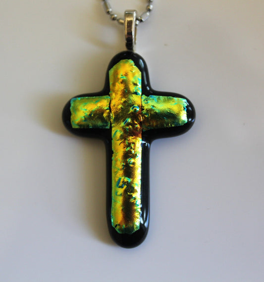 Dichroic Fused Glass Cross Pendant with Ball Chain