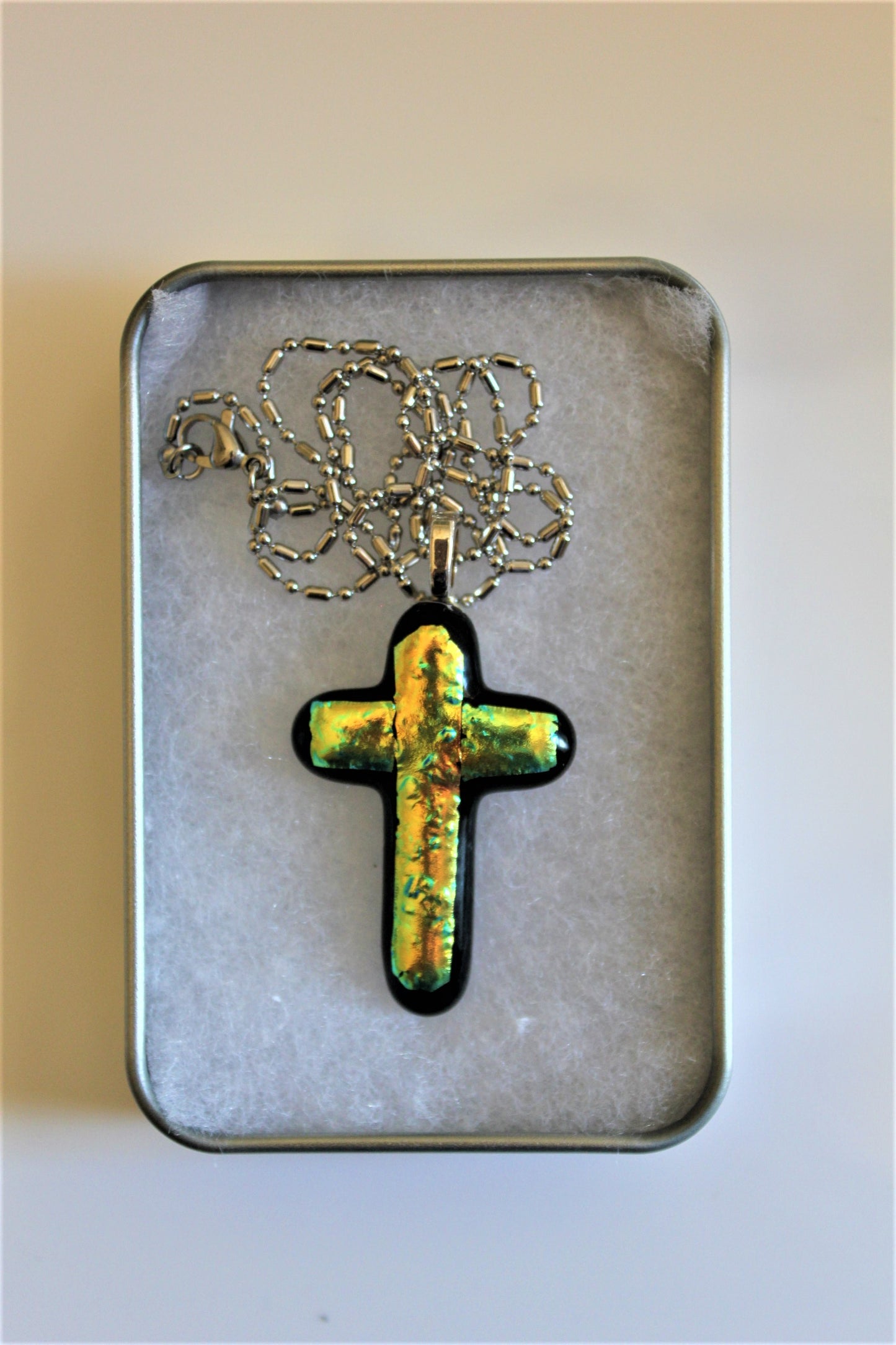 Dichroic Fused Glass Cross Pendant with Ball Chain