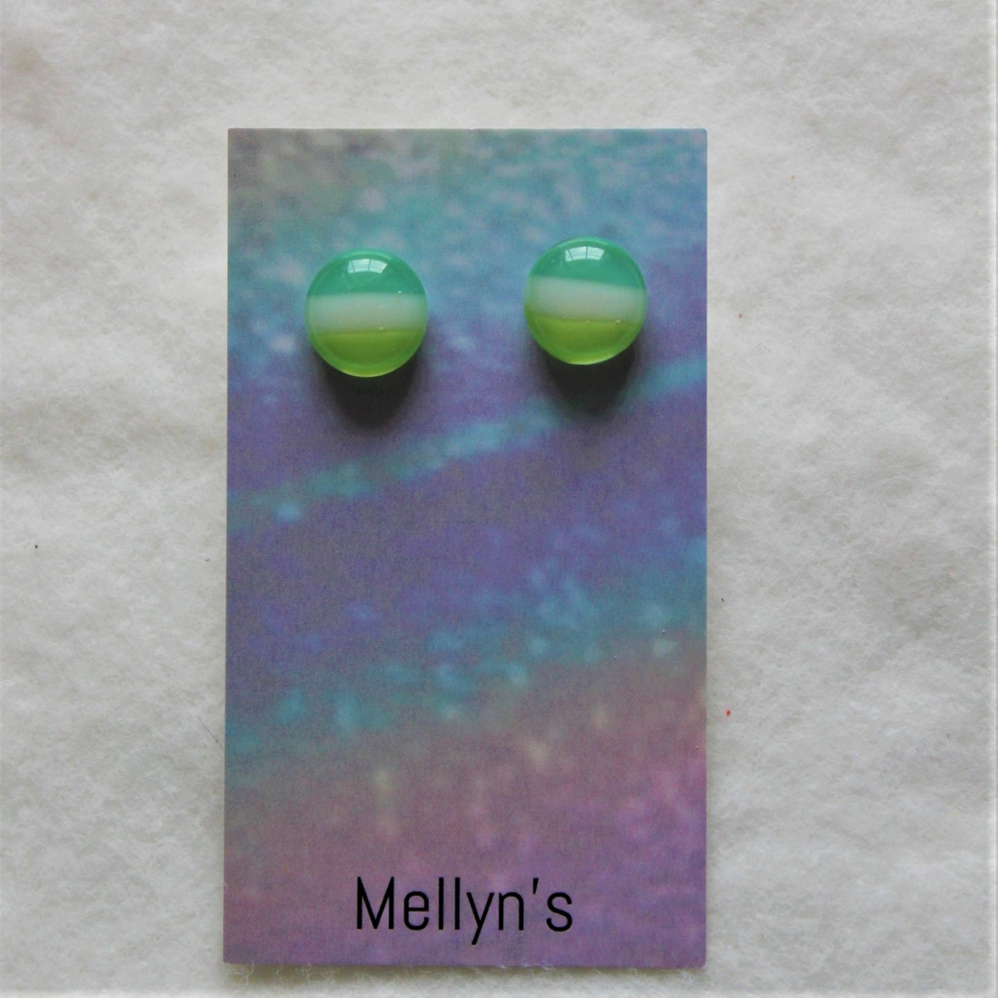 Greens and White Striped Fused Glass Post Earrings