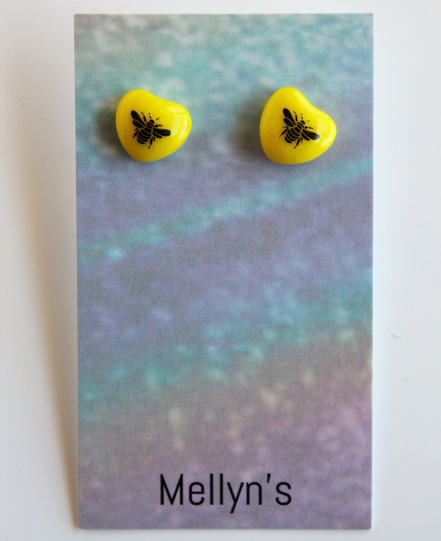 Yellow Fused Glass Heart Shaped Bee Post Earrings