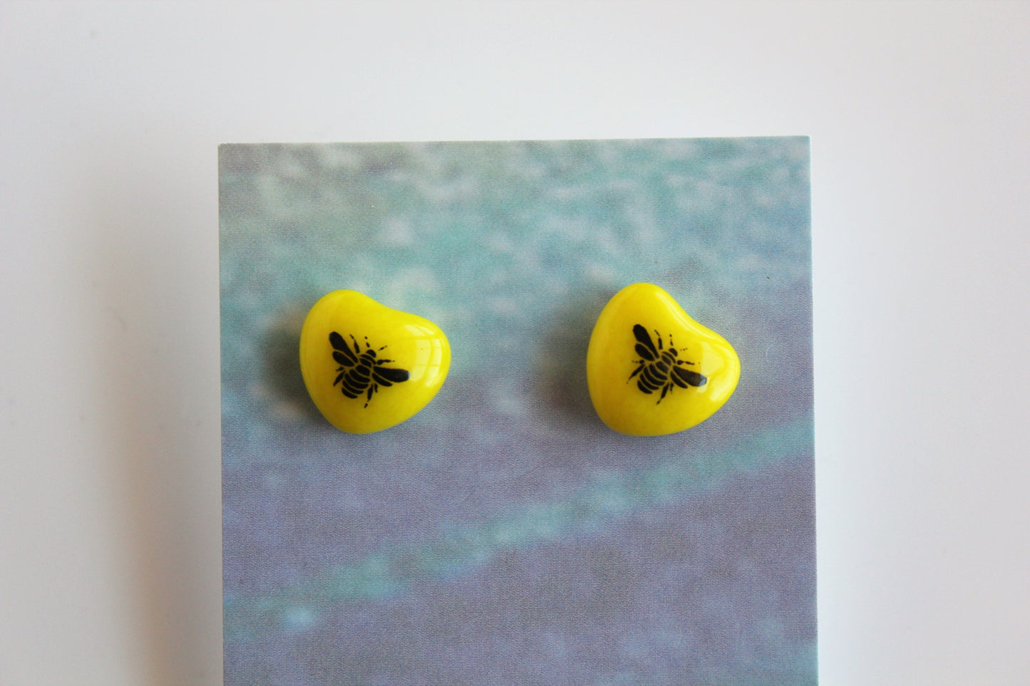 Yellow Fused Glass Heart Shaped Bee Post Earrings