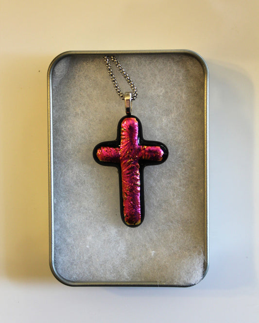 Pink Dichroic Fused Glass Cross Pendant with Stainless Steel Chain