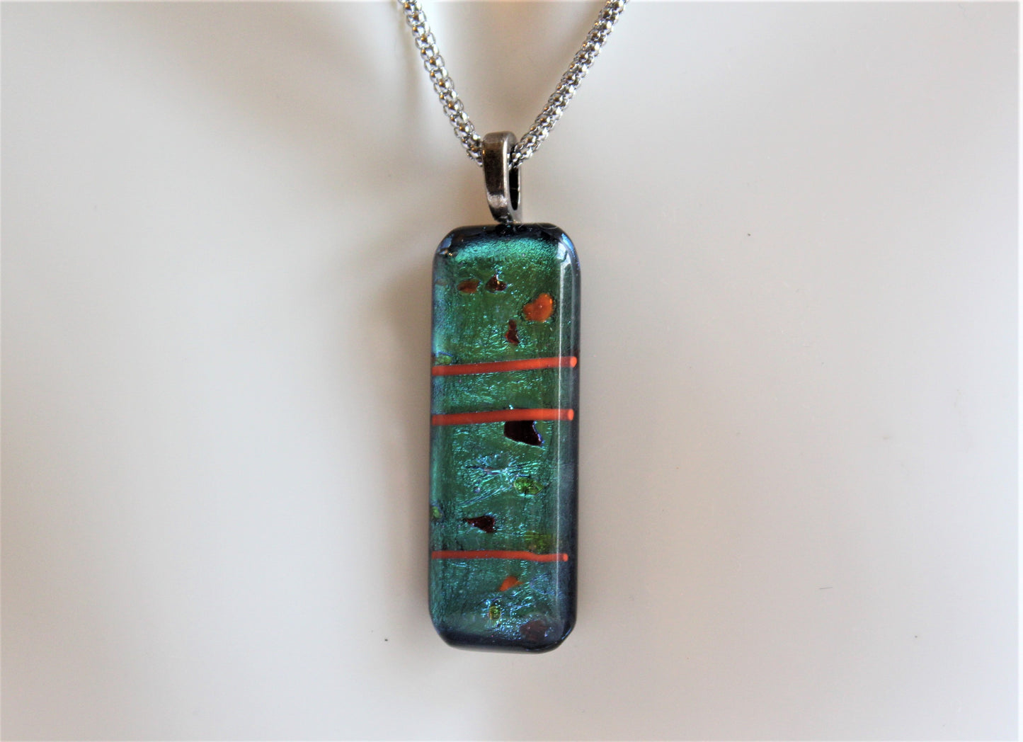 Green Dichroic Pendant, Fused Glass Dichroic Necklace, Teachers Gift, Fused Glass Pendant with Chain, Gift for