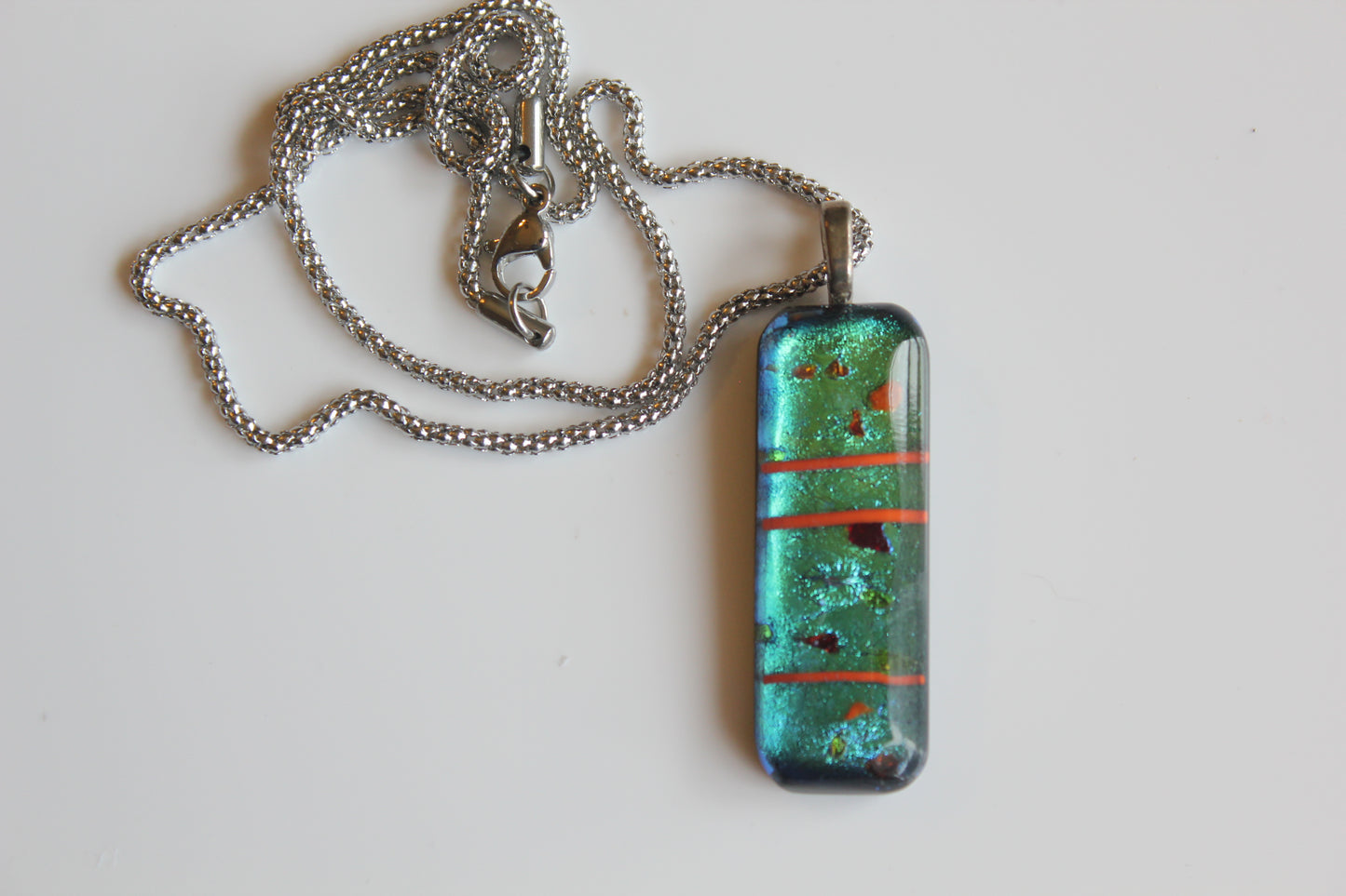 Green Dichroic Pendant, Fused Glass Dichroic Necklace, Teachers Gift, Fused Glass Pendant with Chain, Gift for