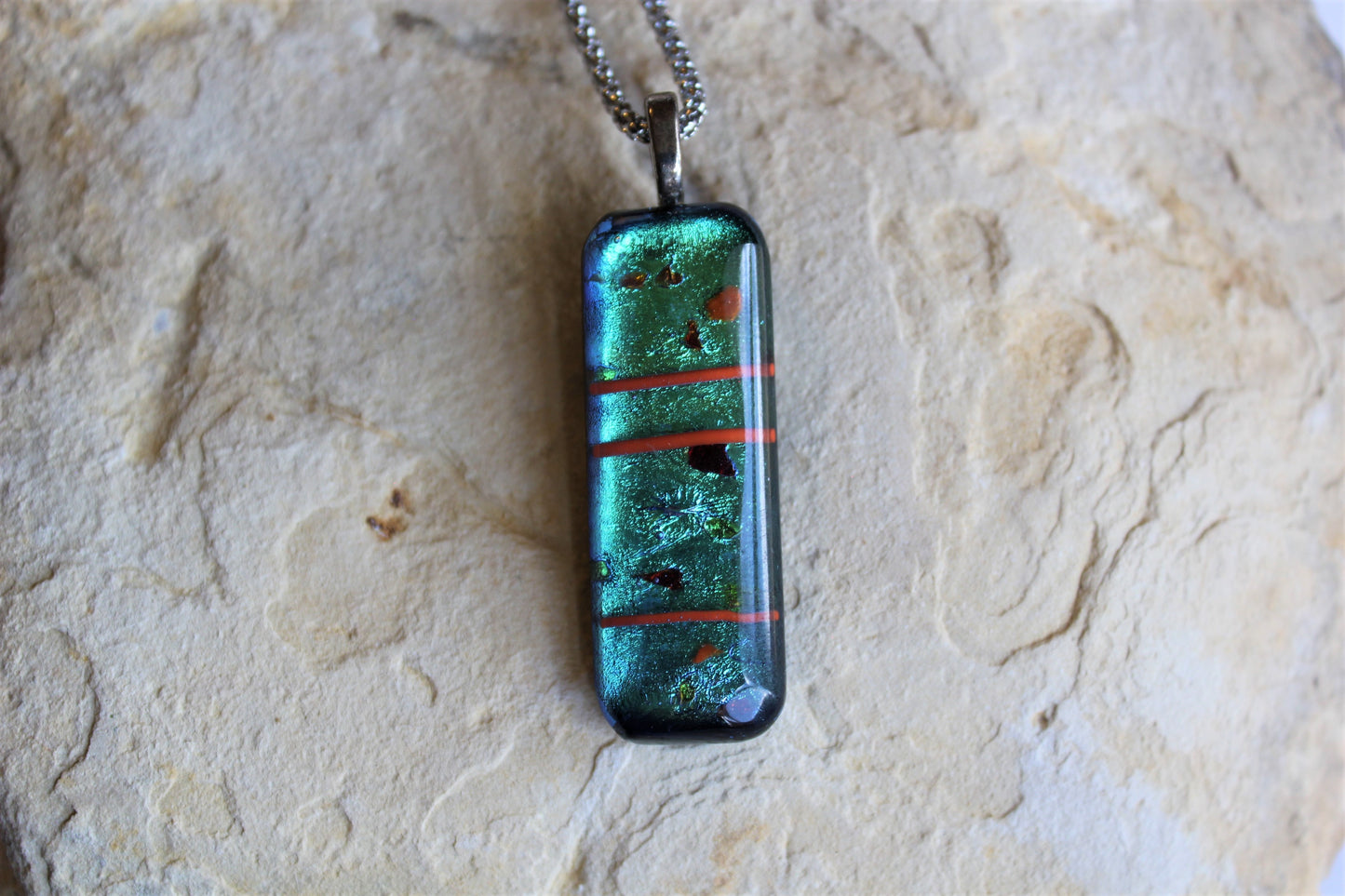 Green Dichroic Pendant, Fused Glass Dichroic Necklace, Teachers Gift, Fused Glass Pendant with Chain, Gift for