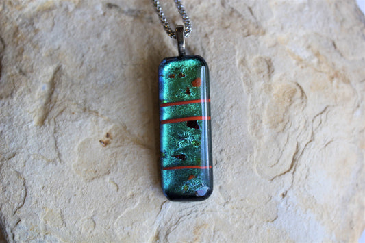 Green Dichroic Pendant, Fused Glass Dichroic Necklace, Teachers Gift, Fused Glass Pendant with Chain, Gift for