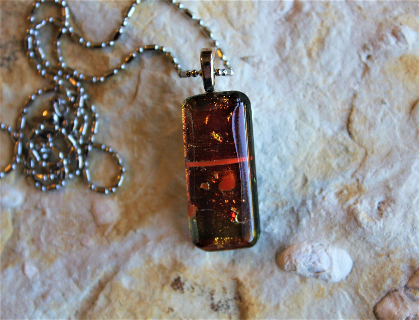 Orange/Green Fused Glass Dichroic Pendant, Dichroic Necklace, Teachers Gift, Fused Glass Pendant with Chain, Gift for