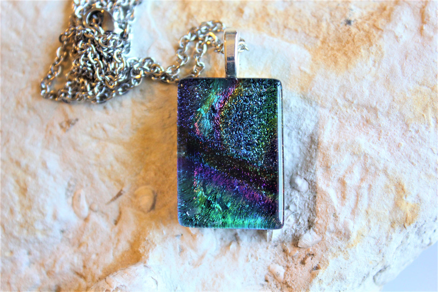 Sparkly Dichroic Pendant, Fused Glass Dichroic Necklace, Teachers Gift, Fused Glass Pendant with Chain, Gift for