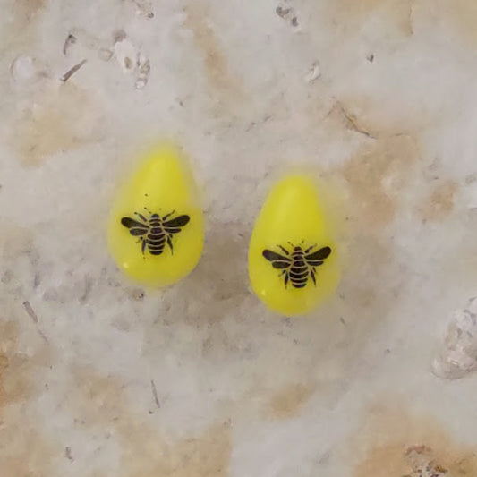 Yellow Fused Glass Teardrop Shaped Bee Post Earrings Wholesale