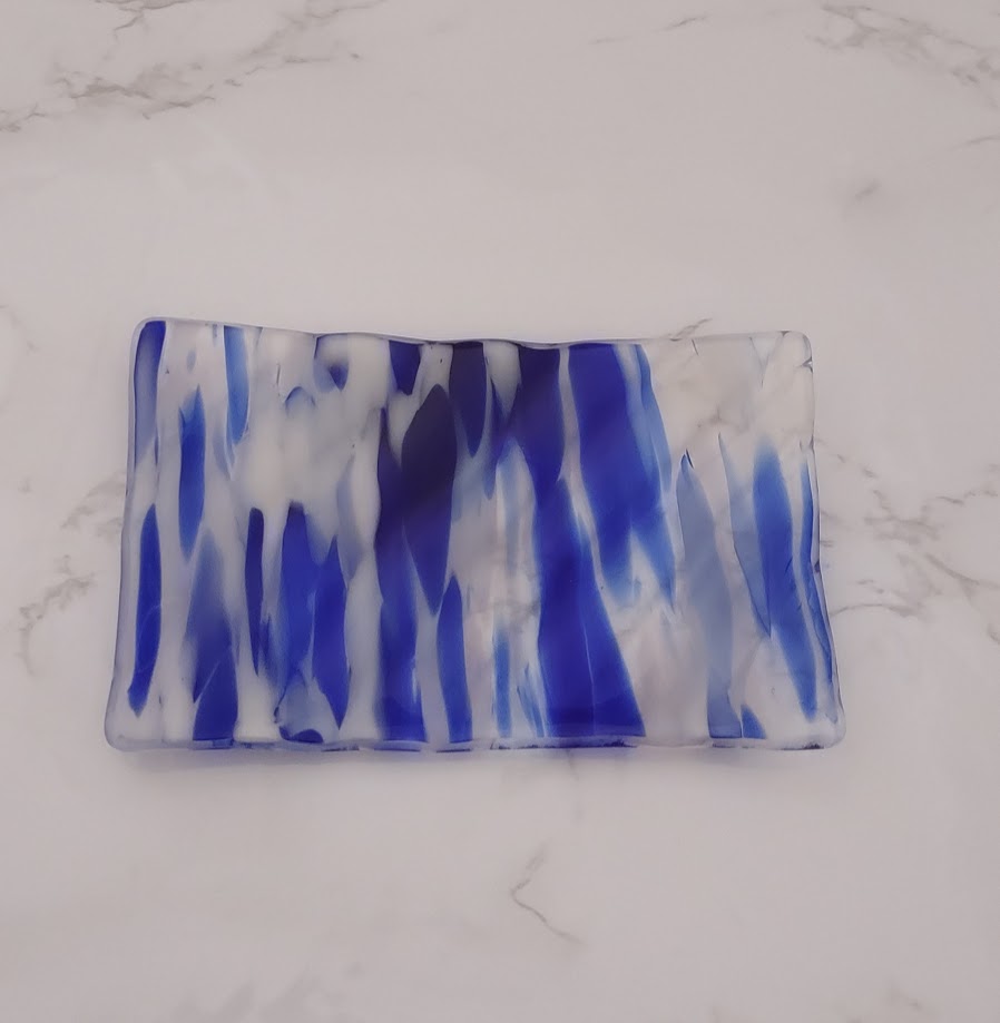 Fused Glass Clear, Blue, and White Soap Dish