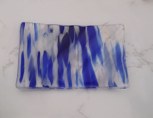 Fused Glass Clear, Blue, and White Soap Dish