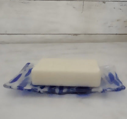Fused Glass Clear, Blue, and White Soap Dish