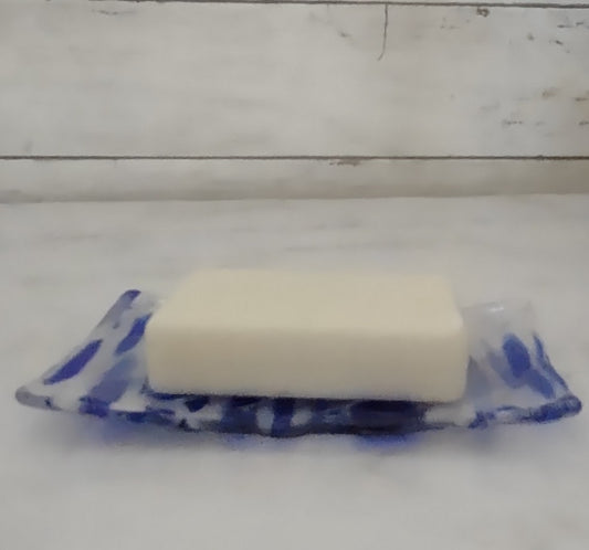 Fused Glass Clear, Blue, and White Soap Dish