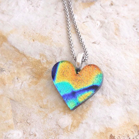 Dichroic Heart Shaped Pendant with Mesh Chain